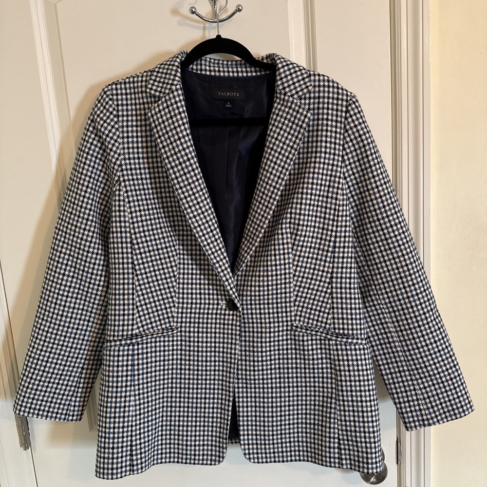 Women's Talbots Classic Houndstooth Long Blazer‎ Sz 12 Classic Workwear